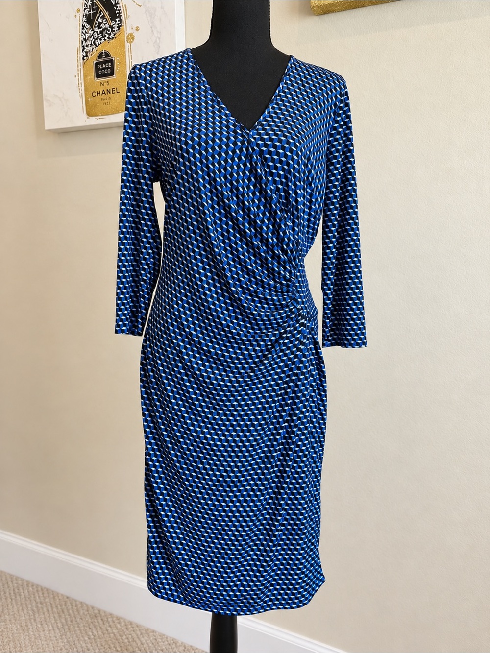 Laundry by Design Blue Black Geometric Faux Wrap Ruched Dress
